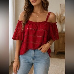 Love, Fire Red Lace Cold-Shoulder Women's Top